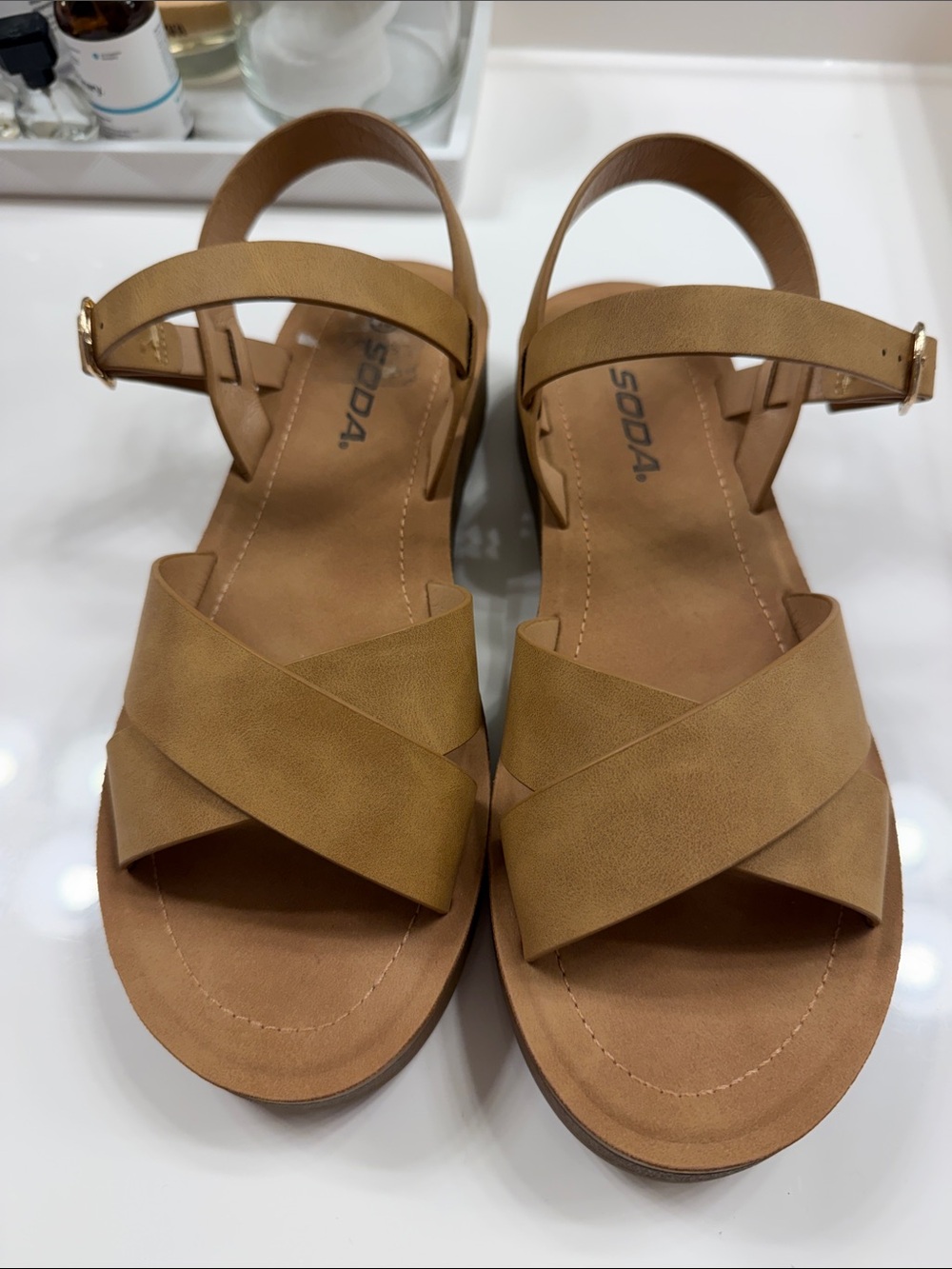 Soda Women's Tan Crossover Ankle-Strap Sandals
